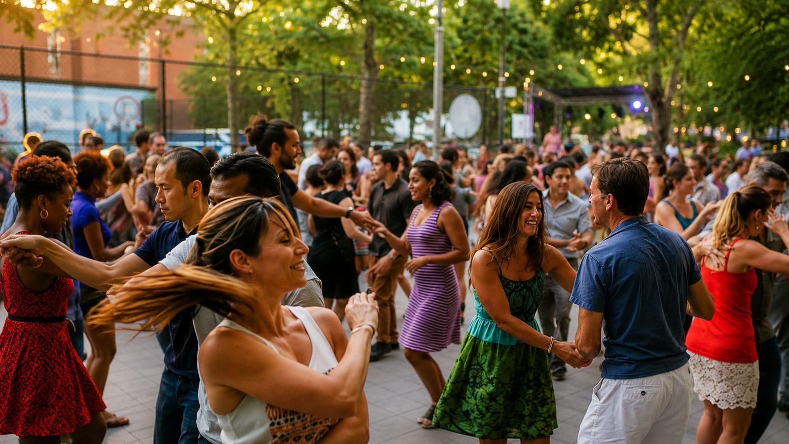 Community salsa dancing under string lights — Brighter Futures Music Festival
