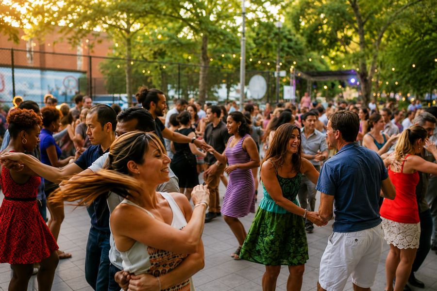 A joyful community salsa dance under string lights