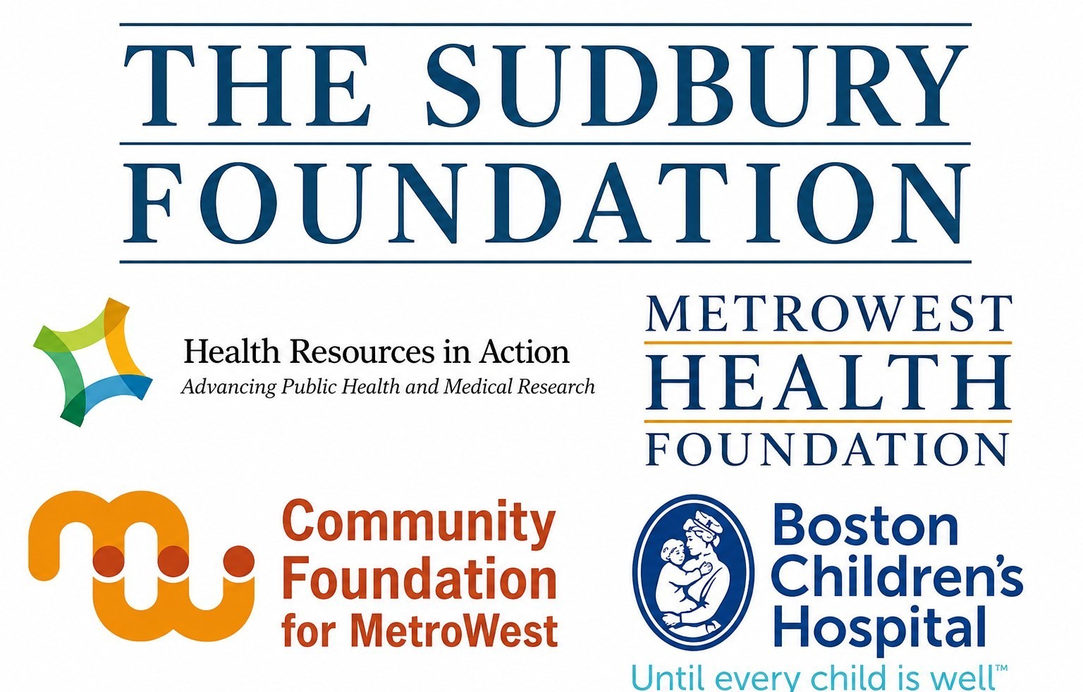 Logos of GEMS @ The Arts foundation supporters: The Sudbury Foundation, Health Resources in Action, MetroWest Health Foundation, Community Foundation for MetroWest, and Boston Children's Hospital
